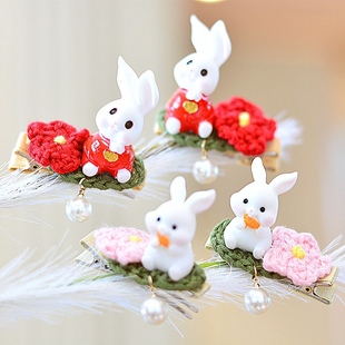 可爱小兔子对夹树脂头饰拼儿童发夹女孩兔子耳朵对夹顶夹古风步摇