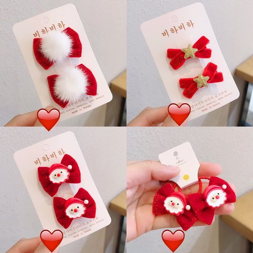 欧美节日儿童发夹红色圣诞蝴蝶结边夹小女孩红色皮筋发圈宝宝发绳