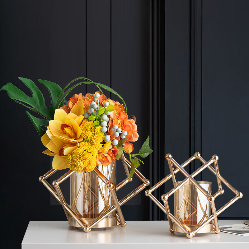 金属烛台玻璃花瓶客厅玄关插花摆件餐桌摆花装饰仿真花艺用品假花