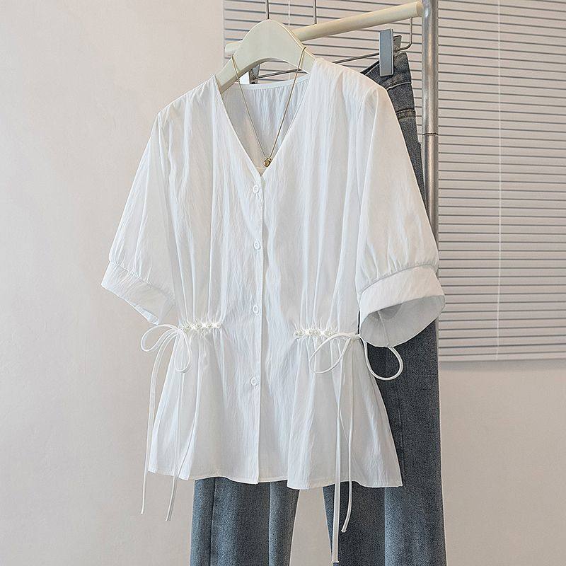 爆款2025年新款短袖女款上衣女加宽加大女装大码衬衫法式上衣