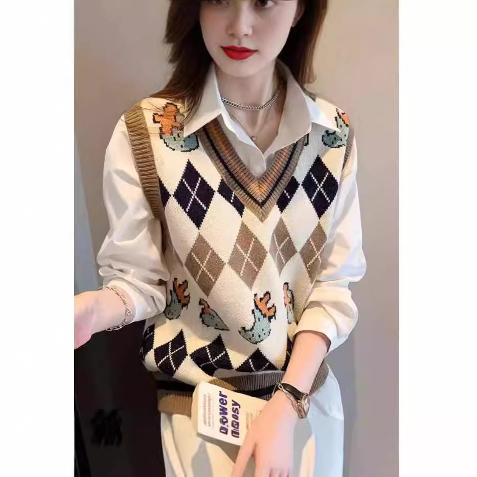 时尚印花针织衫马甲背心女春秋宽松叠穿外搭无袖坎肩v领毛衣潮女