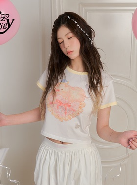 ALazyPig甜美印花短袖T恤女夏季新品爱心猪猪撞色烫钻修身短上衣