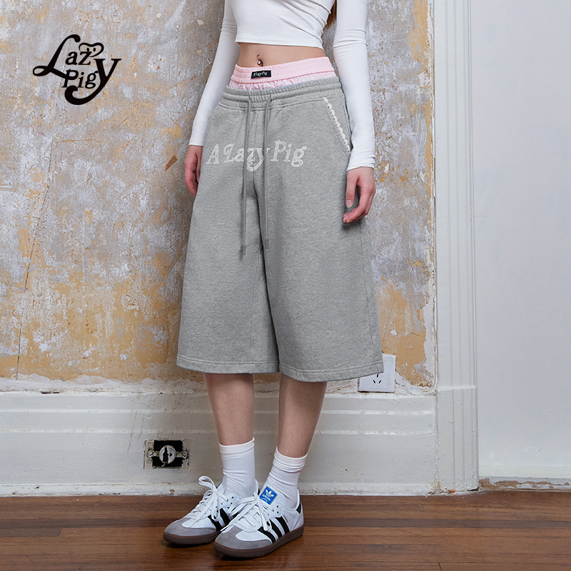 双腰头印花休闲宽松阔腿七分裤