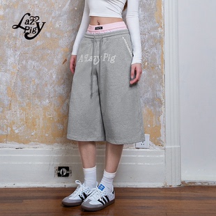 女秋季 中裤 新品 拼接休闲裤 宽松阔腿裤 ALazyPig双腰头印花七分裤