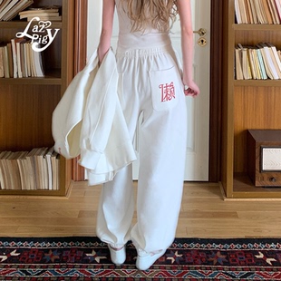 宽松显瘦休闲百搭束脚运动裤 ALazyPig懒字印花宽松卫裤 女秋新品