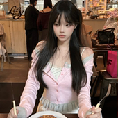 女秋新品 ALazyPig撞色荷叶边短款 针织开衫 方领修饰肩颈线弹力上衣