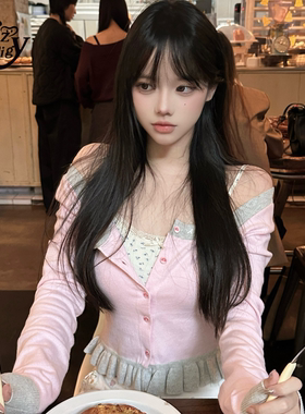 ALazyPig撞色荷叶边短款针织开衫女秋新品方领修饰肩颈线弹力上衣