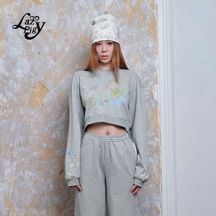 上衣 可爱趣味百搭长袖 ALazyPig贴纸风印花短款 卫衣女秋新品