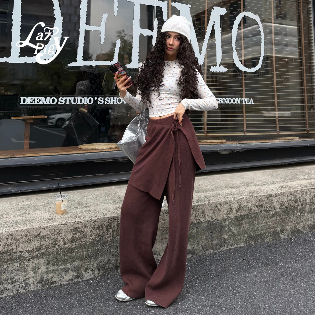 棕红色可拆两件阔腿显瘦休闲裤