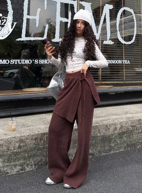 ALazyPig韩系棕红色阔腿裤两件可拆卸女25秋新宽松垂感显瘦休闲裤