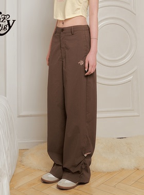 ALazyPig纯色抽绳长裤女夏季新品美式百搭简约休闲绣花阔腿裤