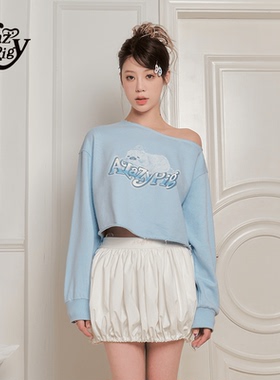 ALazyPig斜肩印花卫衣秋季新款女圆领长袖短款宽松休闲上衣