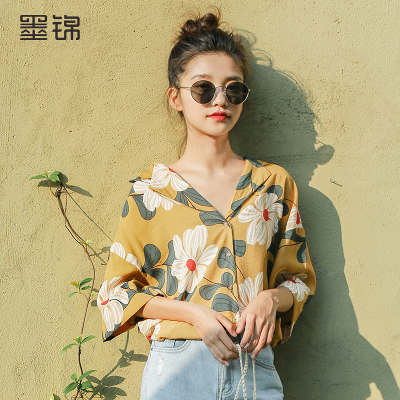 墨錦港風polo衫女夏2018新款花襯衣韓版寬松復古chic短袖襯衫上衣