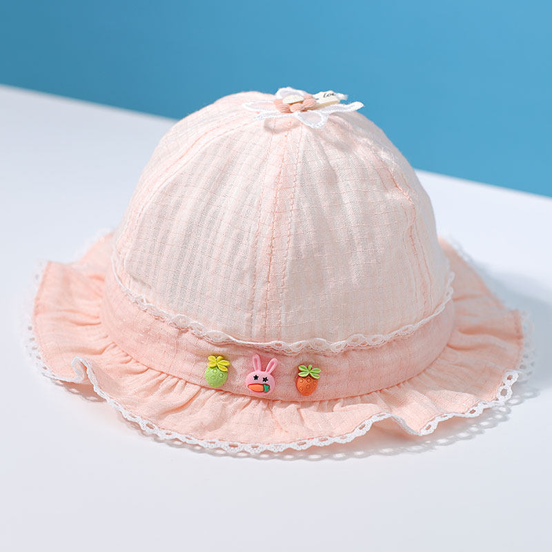 婴儿帽子春秋夏季薄款可爱抽绳纯棉女宝宝渔夫帽公主花边遮阳盆帽