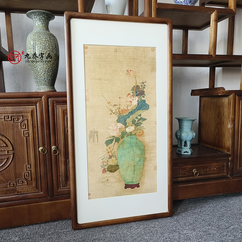 名家字画荷花牡丹花瓶挂画新中式客厅玄关装饰画走廊过道复古壁画图片