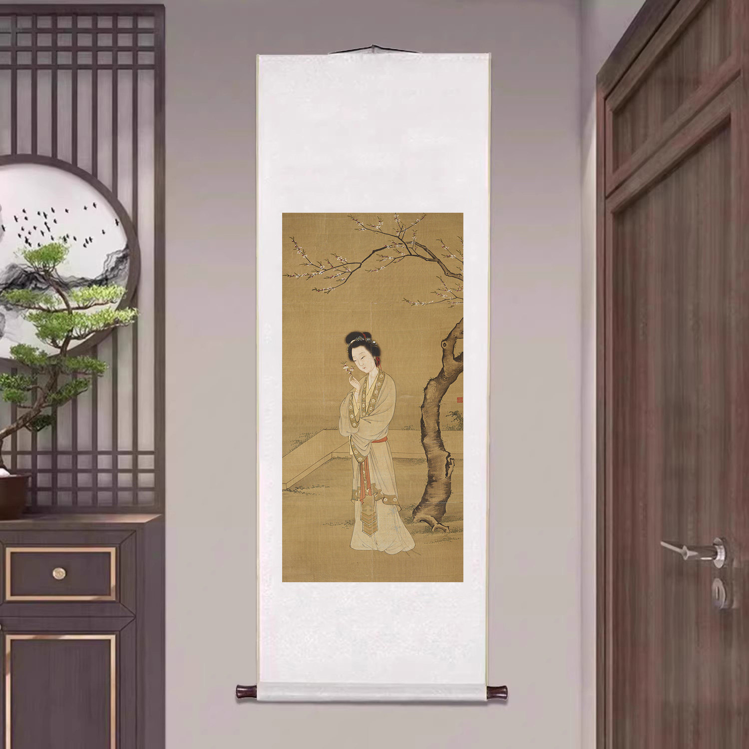 明张纪人面桃花图古画工笔仕女图卷轴字画客厅人物装饰画茶室挂画