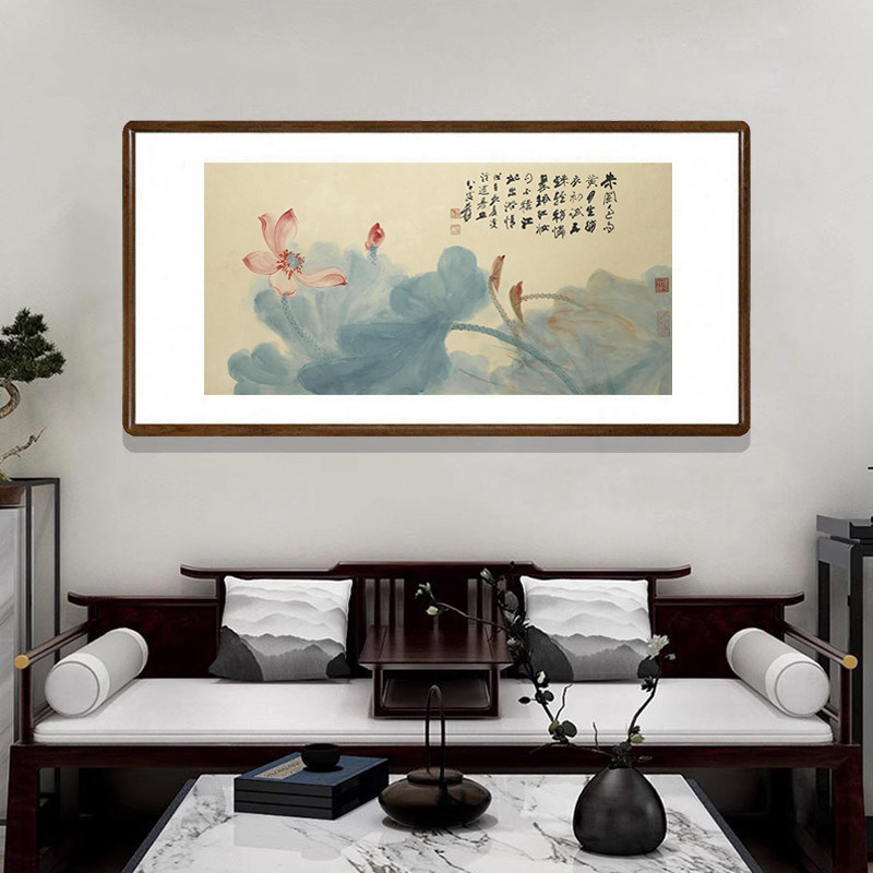 张大千红荷图国画水墨画客厅背景墙装饰画书房餐厅挂画荷花装饰画