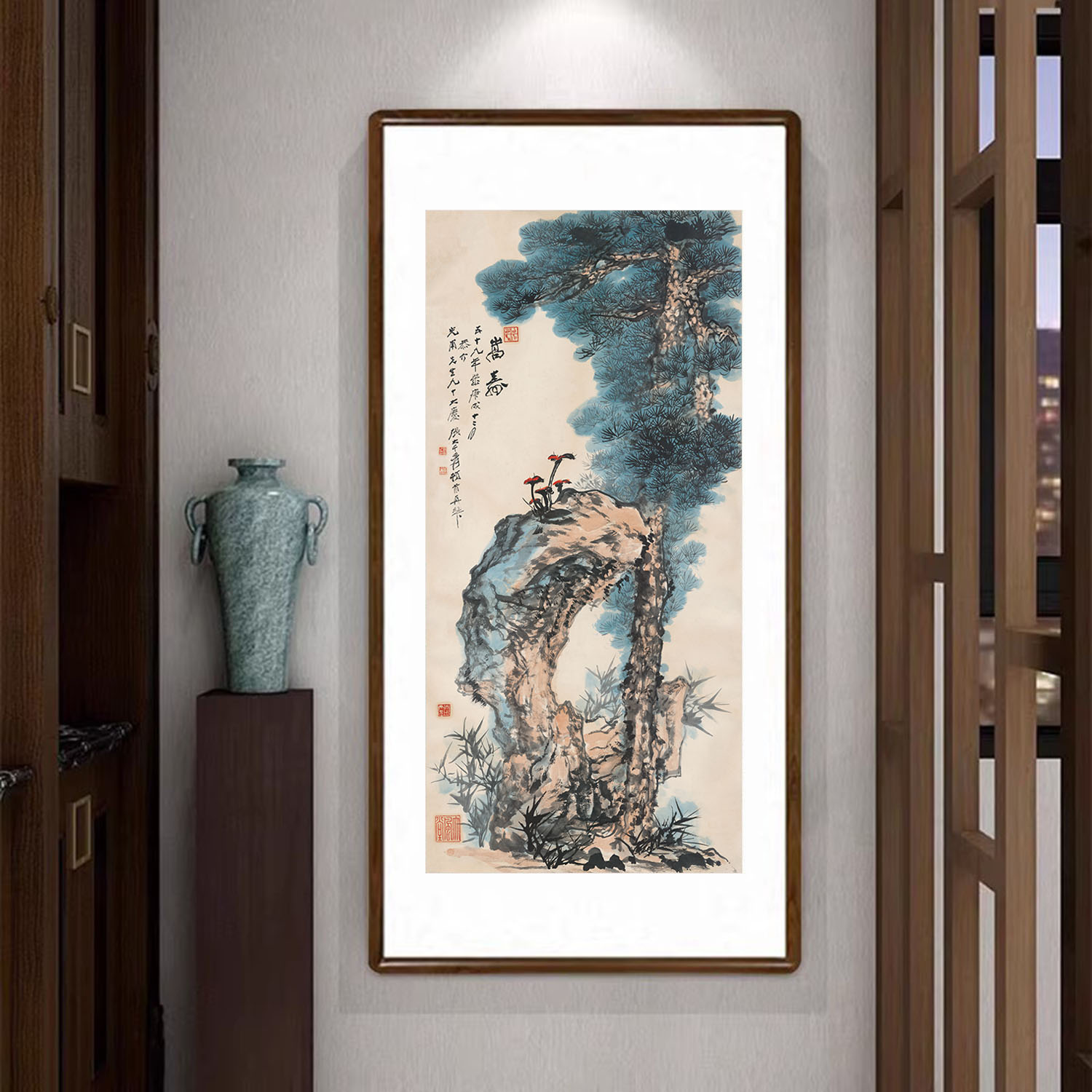 张大千嵩寿图松树挂画新中式客厅玄关装饰画书房茶室壁画卧室字画图片