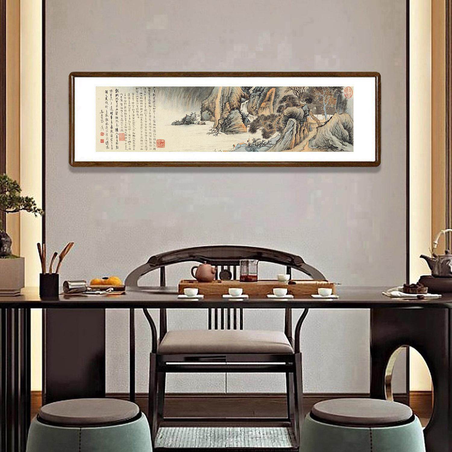 张大千山水画摹石涛幽居图带框字画中式客厅背景墙装饰画茶室挂画