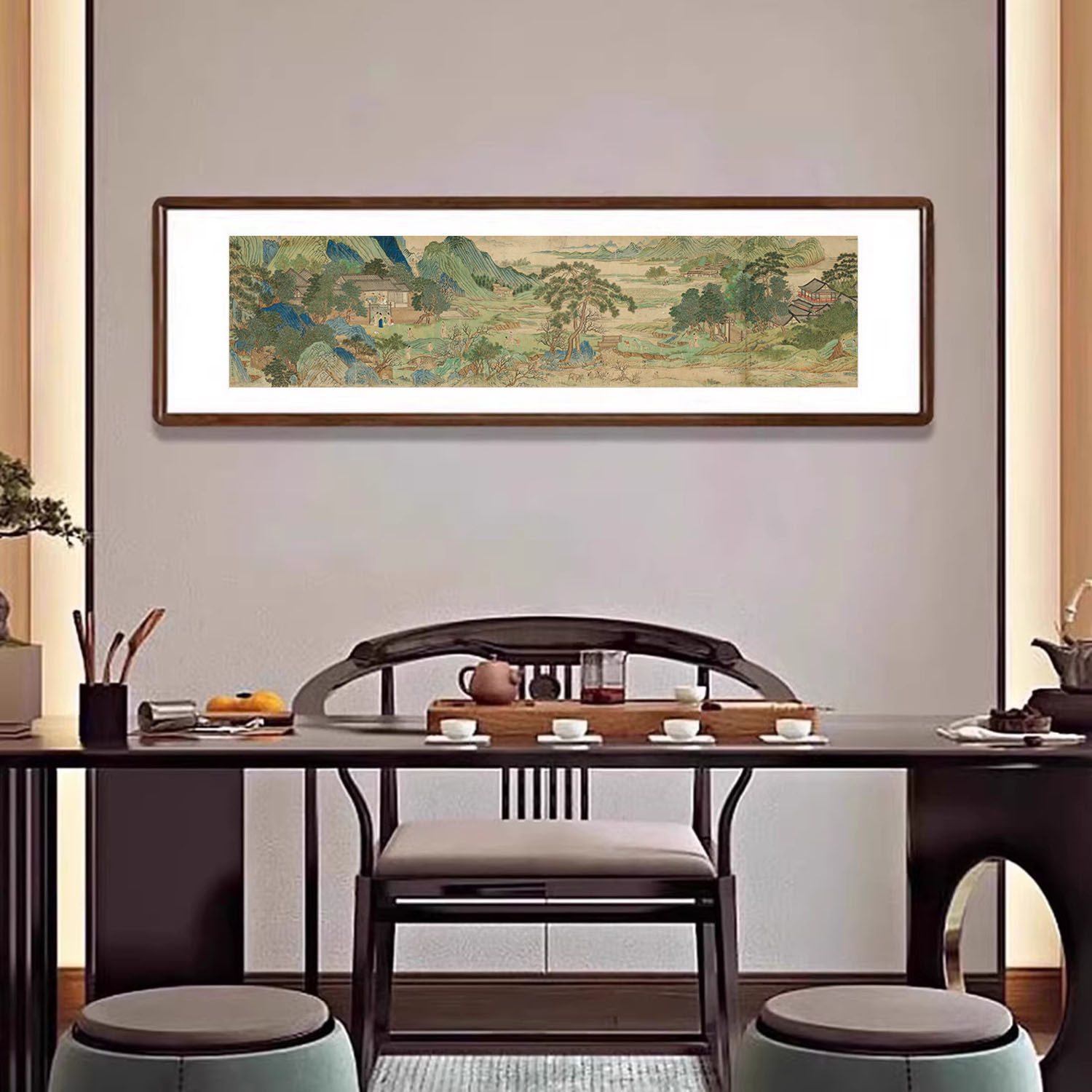 仇英桃花源青绿山水新中式客厅复古壁画茶室国画办公室背景墙挂画