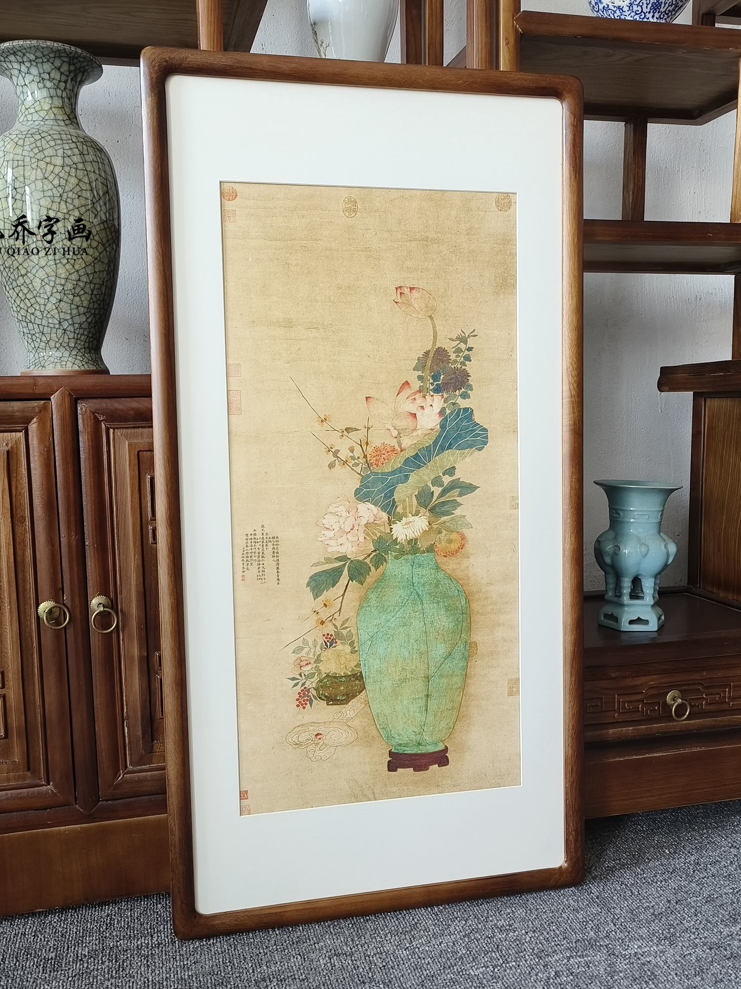 名家字画荷花牡丹花瓶挂画新中式客厅玄关装饰画走廊过道复古壁画图片