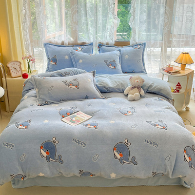 珊瑚绒卡通儿童男孩男童鲸鱼小鱼被套单件牛奶绒冬季双面加绒被罩