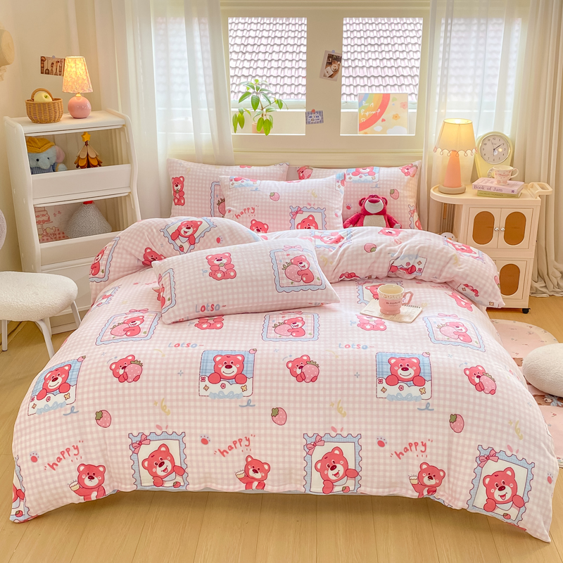 牛奶绒被套单件少女心草莓小熊被罩儿童女孩珊瑚绒保暖被单四件套
