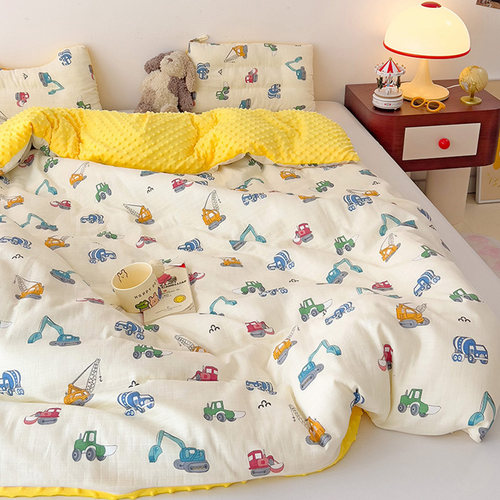 被子秋冬季儿童男孩挖掘机全棉加绒豆豆绒幼儿园宝宝专用盖被芯子