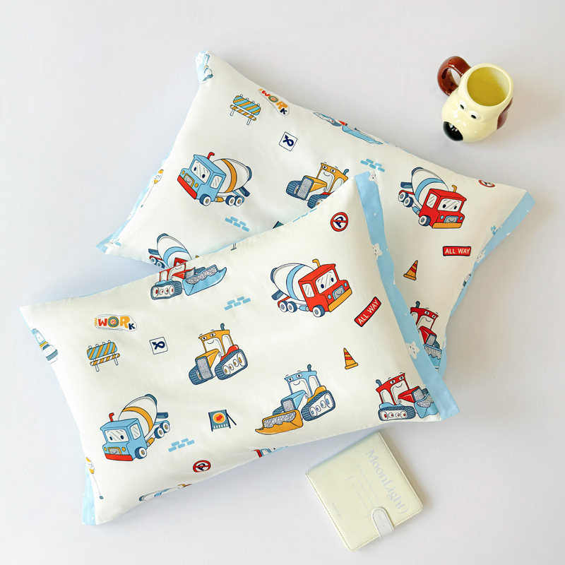 A类儿童男孩男童挖掘机工程车枕套贡缎纯棉卡通幼儿园午睡枕头套