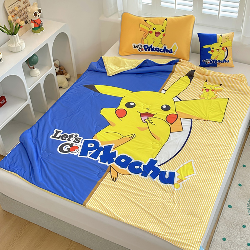夏被凉席三四件套儿童卡通皮卡丘男孩冰丝凉席夏凉被柔软空调被单
