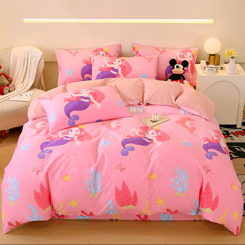 纯棉四件套儿童女孩女童少女心床品卡通床单被套学生三件套美人鱼