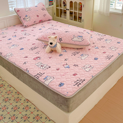 冬季A类牛奶绒夹棉床笠135*190榻榻米可爱猫加绒加厚床垫保护罩套