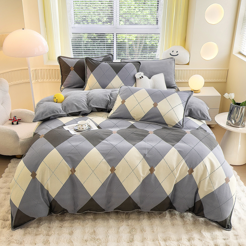 一面纯棉单面法莱绒加绒三四件套格子A面全棉B版牛奶绒珊瑚绒被套