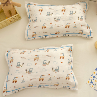 A类全棉双层纱枕套30x50cm35纯棉儿童男孩男童挖掘机枕芯套40x60