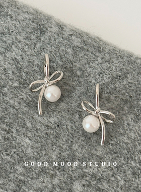 GMS爱丽丝 芭蕾风银色蝴蝶结珍珠耳环耳扣女优雅气质小众设计耳饰