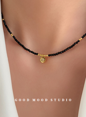 GMS 轻奢气质仿黑尖晶串珠镶嵌锆石吊坠锁骨链女高级感黑金风叠戴