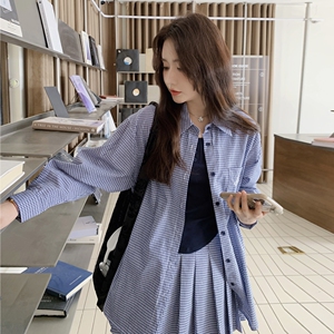蓝色复古格纹衬衫套装裙女2025年夏季新款韩系学院风百褶裙两件套图片