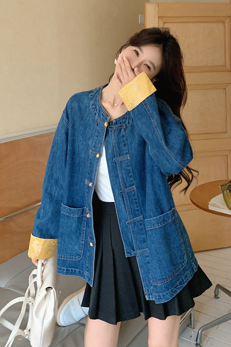 现货新中式盘扣牛仔拼接上衣2C282-810P145K198,女装短外套,2C282