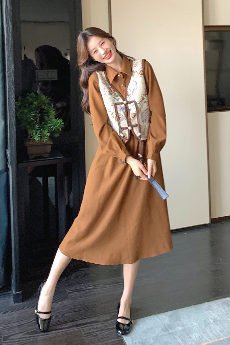 新中式国风马甲长袖连衣裙女2025春季新款复古高级感裙,女装连衣裙,2C282