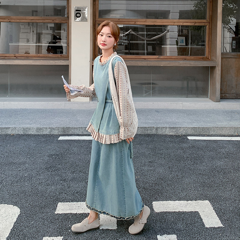 现货复古设计感波点拼接假两件牛仔套装女2C282-970P175K258,女装套装/套裙,2C282