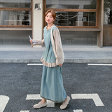 现货复古设计感波点拼接假两件牛仔套装女2C282-970P175K258，女装套装/套裙，2C282