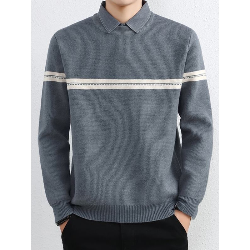假两件毛衣男秋冬款加厚修身打底衫男士高端衬衫领拼色商务针织衫