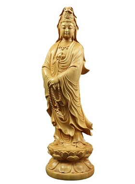 黄杨木南海观音菩萨实木雕刻保佑呵护平安佛像家居客厅摆件工艺品