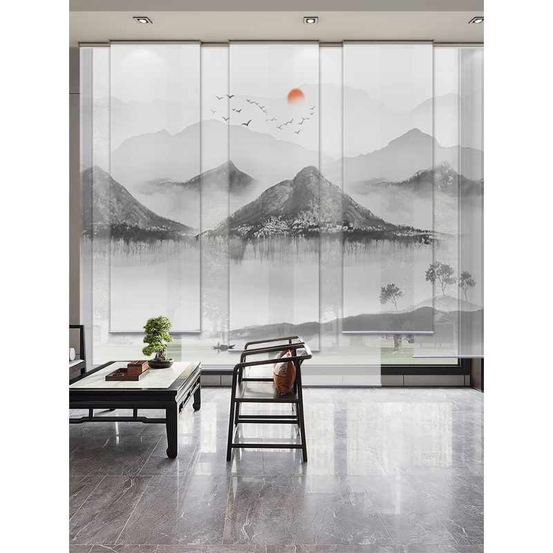 新中式卷帘客厅办公室半透明意境水墨山水禅意印花隔断帘屏风挂帘