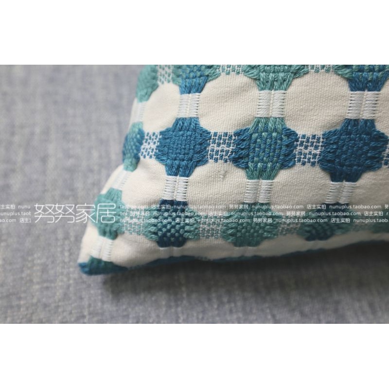 2F线织蓝绿色大格子抱枕腰枕样板间美式轻奢现代靠垫腰枕