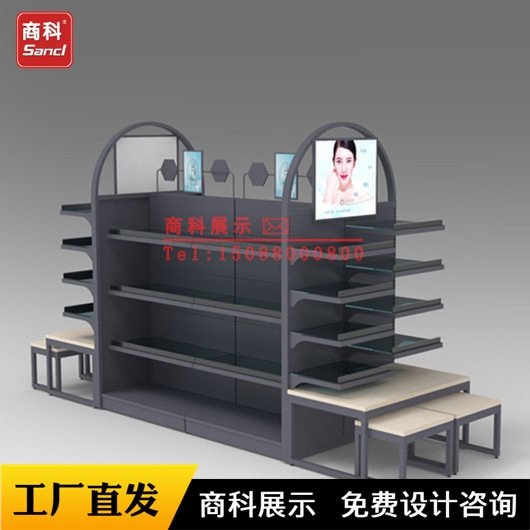 佛山商超货架灯光铁木结合精品超市货架带流水台展示端架堆头