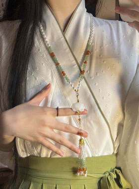 古风明制压襟莲花项链新中式长流苏背云软璎珞国风汉服马面裙配饰