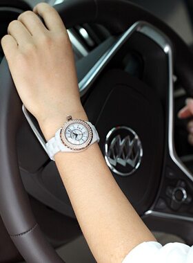 米格（MIGE）镶钻陶瓷钢带石英女表时尚气质防水腕表MG88006夜光