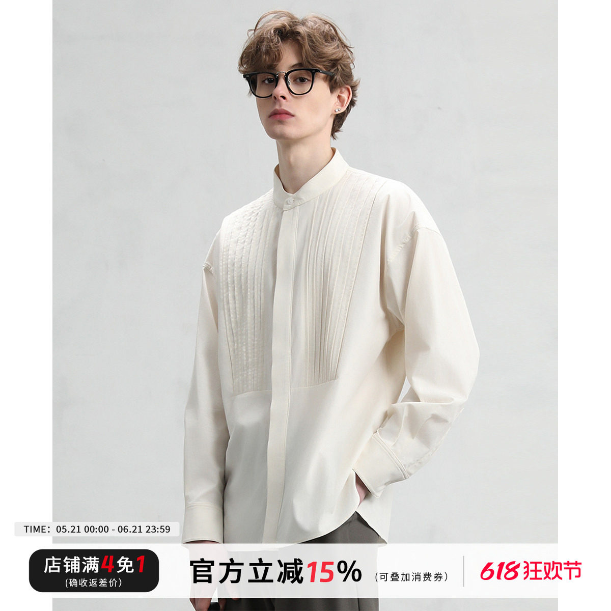 CAKUNTA 老钱质感天丝棉亨利领衬衫_宫廷风百褶前片 隐藏式门襟