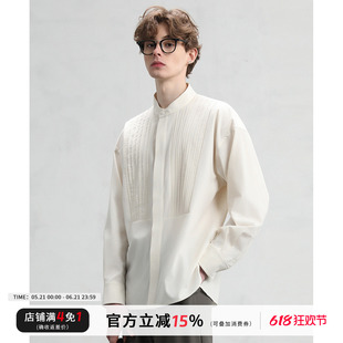 CAKUNTA 老钱质感天丝棉亨利领衬衫_宫廷风百褶前片 隐藏式门襟